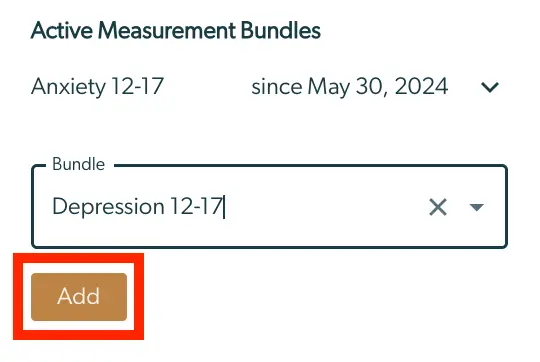 Mirah Collaborative Care - Active Measurement Bundles screen showing Anxiety 12-17 and Depression 12-17 bundles.