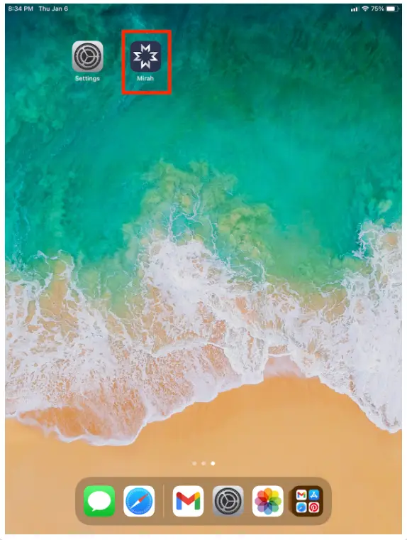 iPad home screen with Mirah app icon highlighted next to Settings app.
