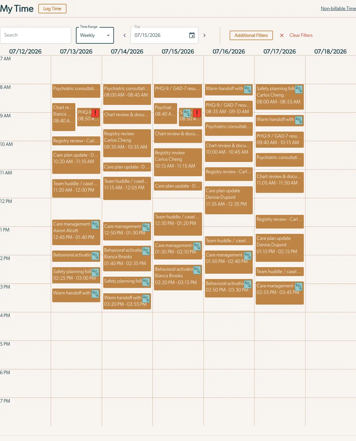 Mirah Collaborative Care My Time page showing weekly schedule from 07/12/2026 to 07/18/2026.