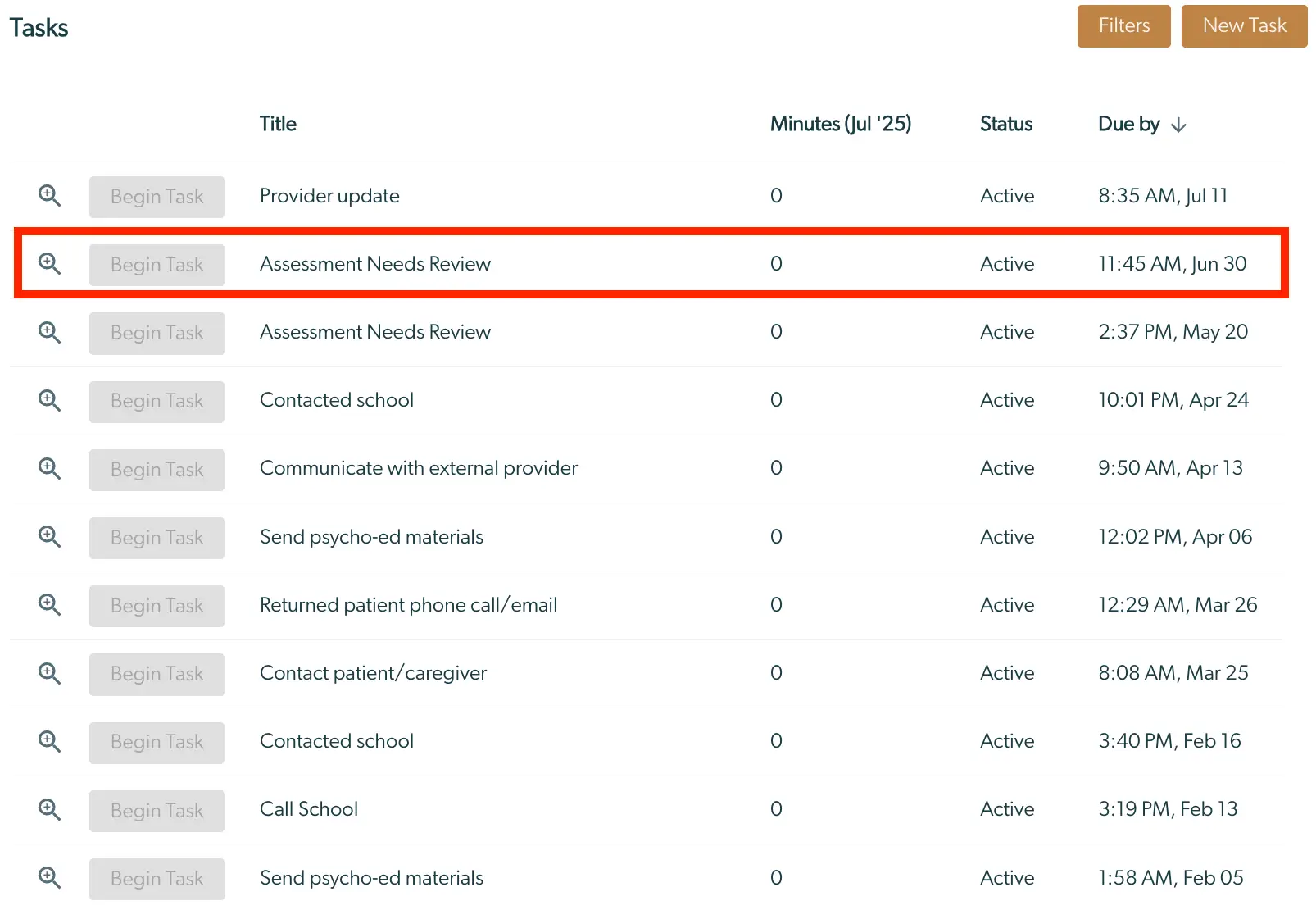 Mirah Collaborative Care Tasks page showing a list of tasks with columns for Title, Minutes, Status, and Due by, with 'Assessment Needs Review' task highlighted.