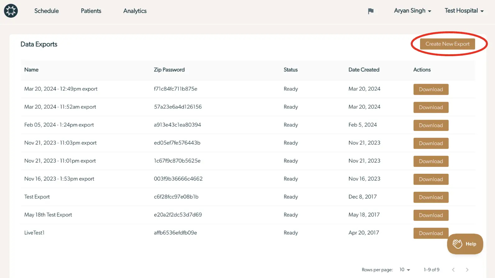 Mirah Collaborative Care Data Exports page showing a list of data exports with options to download and create new exports.