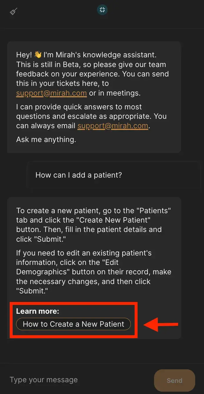 Mirah Collaborative Care chat interface with instructions on adding a new patient