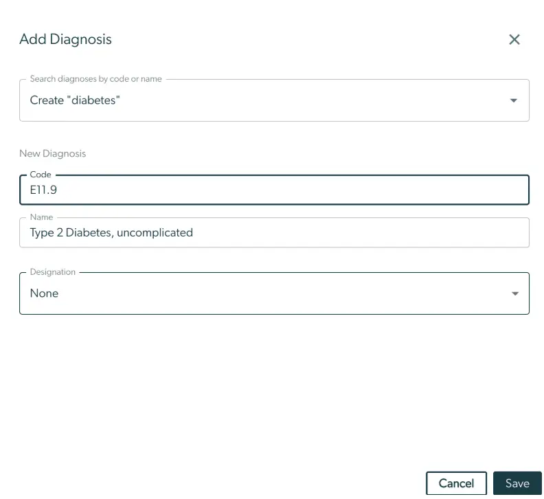 Add Diagnosis screen in Mirah Collaborative Care for entering diagnosis codes.