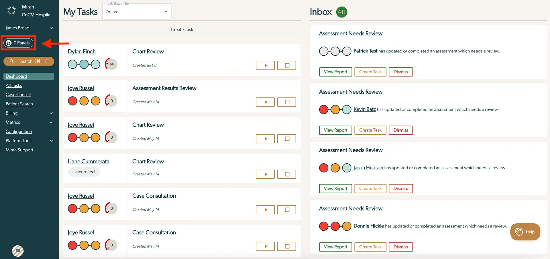 Mirah Collaborative Care Panels Filter Data Screen