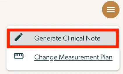 Mirah Collaborative Care Enhanced Feedback Report menu with options to Generate Clinical Note and Change Measurement Plan.