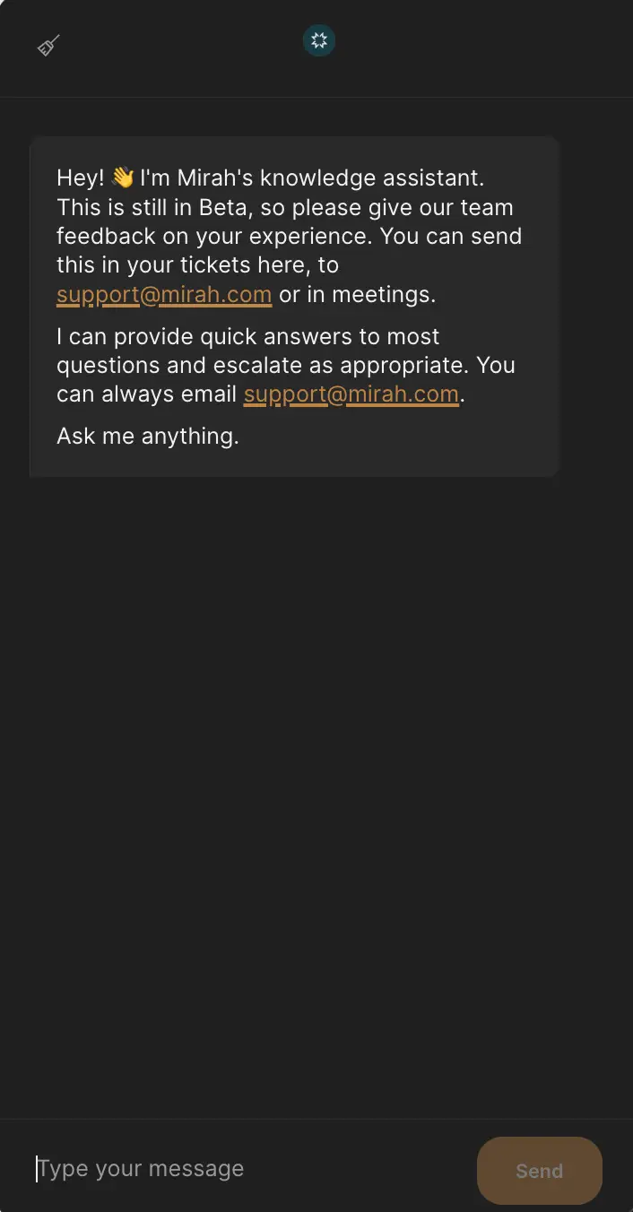 Mirah Collaborative Care knowledge assistant chat interface for troubleshooting guides.