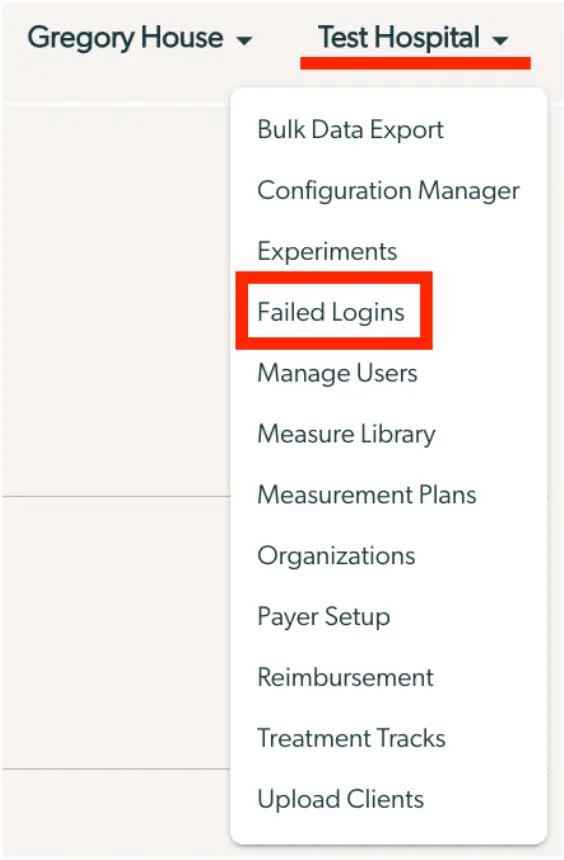 Mirah Collaborative Care - Test Hospital dropdown menu showing administrative options including Failed Logins.