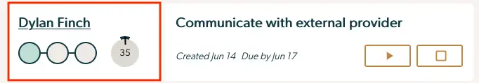 Mirah Collaborative Care Dashboard task card for Dylan Finch to communicate with external provider, created June 14, due June 17.