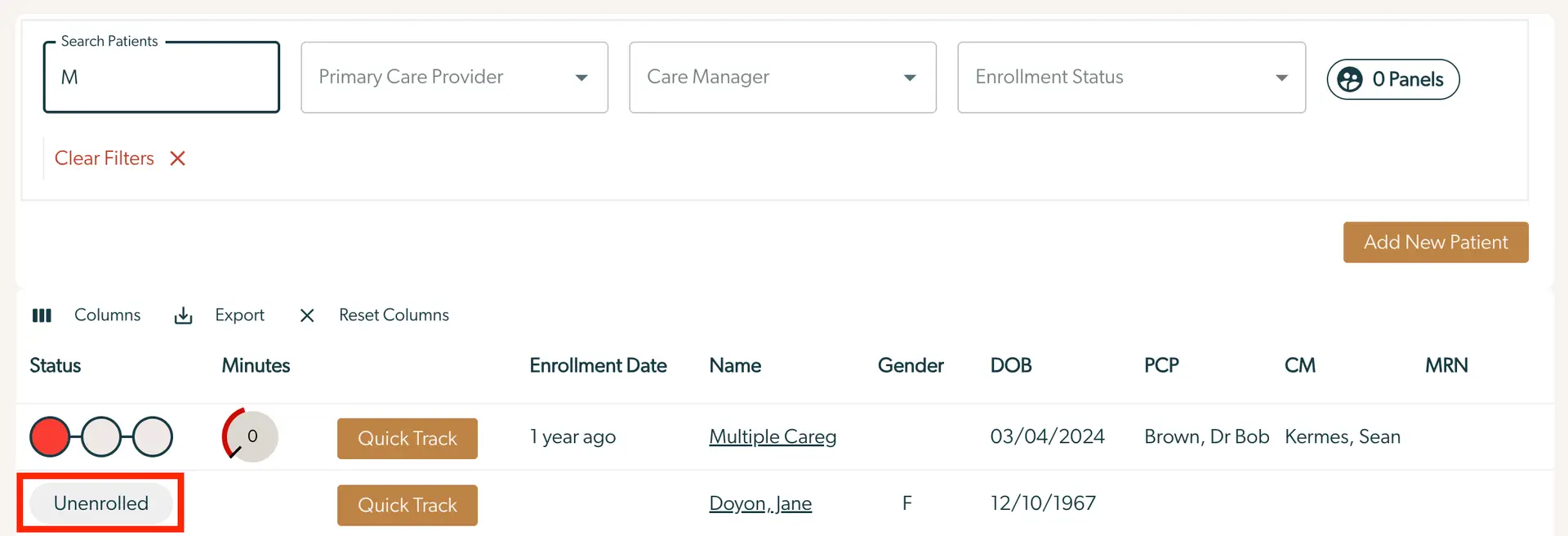 Mirah Collaborative Care patient enrollment interface with search and filter options, patient list, and 'Add New Patient' button.