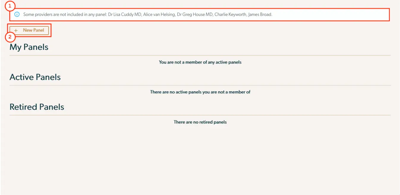 Mirah Collaborative Care Panels management screen showing options to create new panels and lists of active and retired panels.