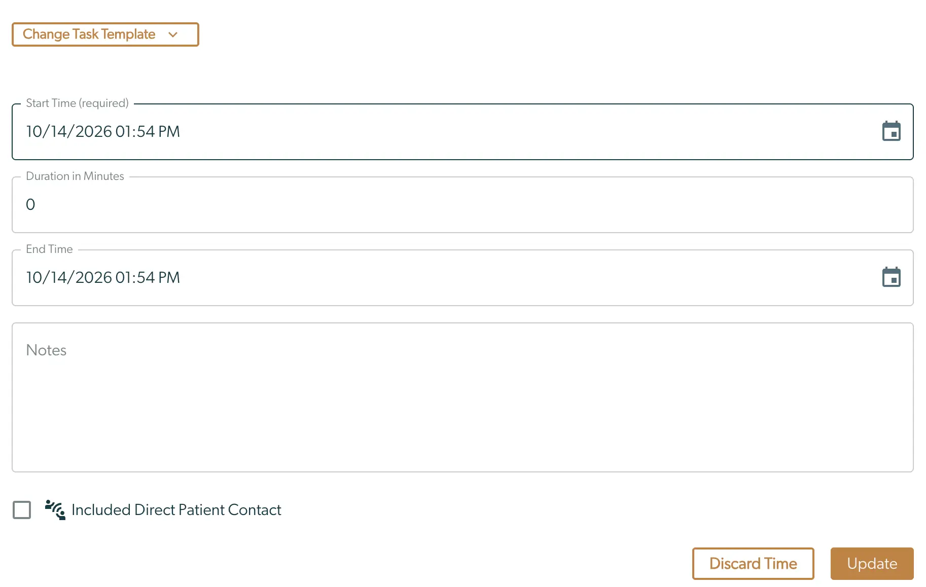 Mirah Collaborative Care task time recording interface with fields for start time, duration, end time, notes, and options to discard or update.