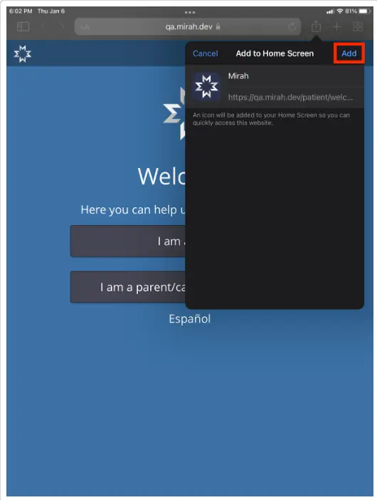 Mirah Collaborative Care website on iPad with Add to Home Screen pop-up