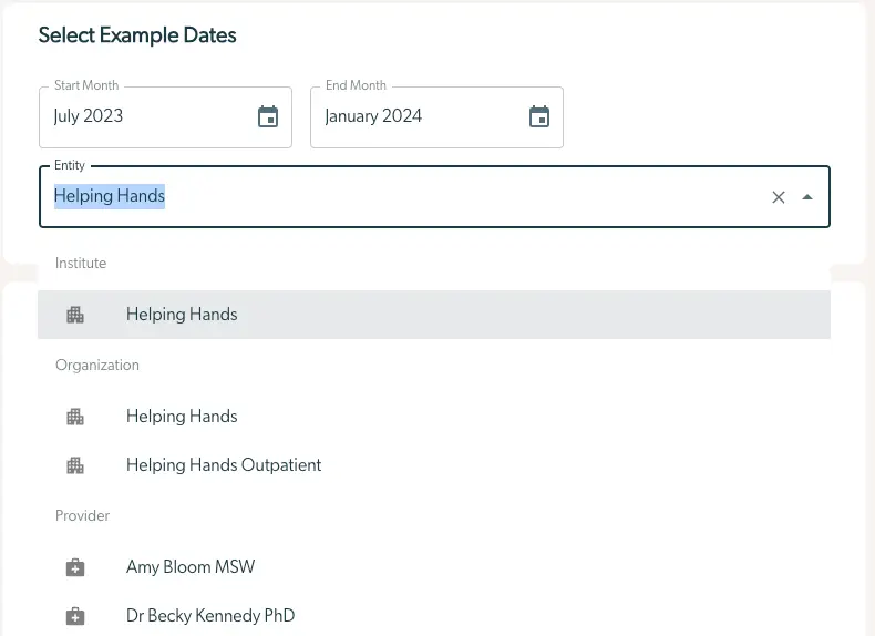 Mirah Collaborative Care Outcomes Framework Date and Entity selection screen showing date fields and entity dropdown list.