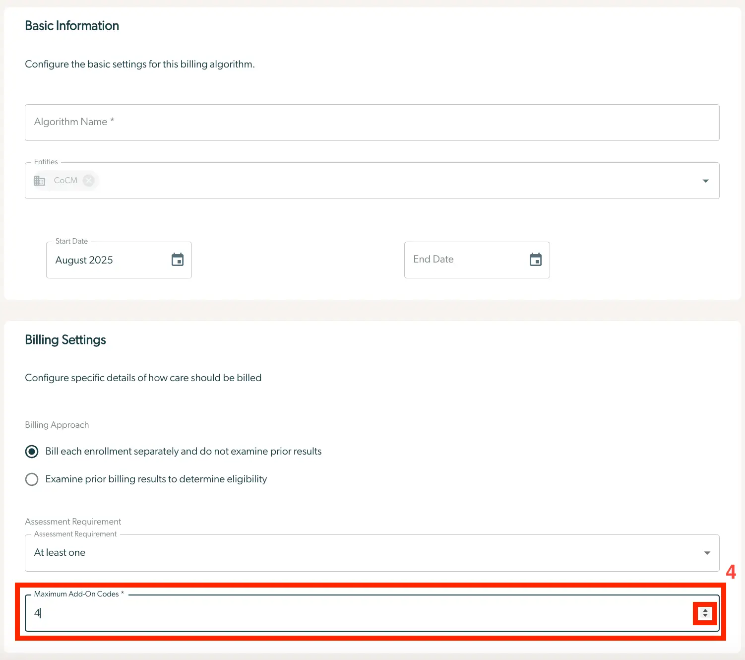 Mirah Collaborative Care Billing Insights Logic configuration page showing Basic Information and Billing Settings sections.