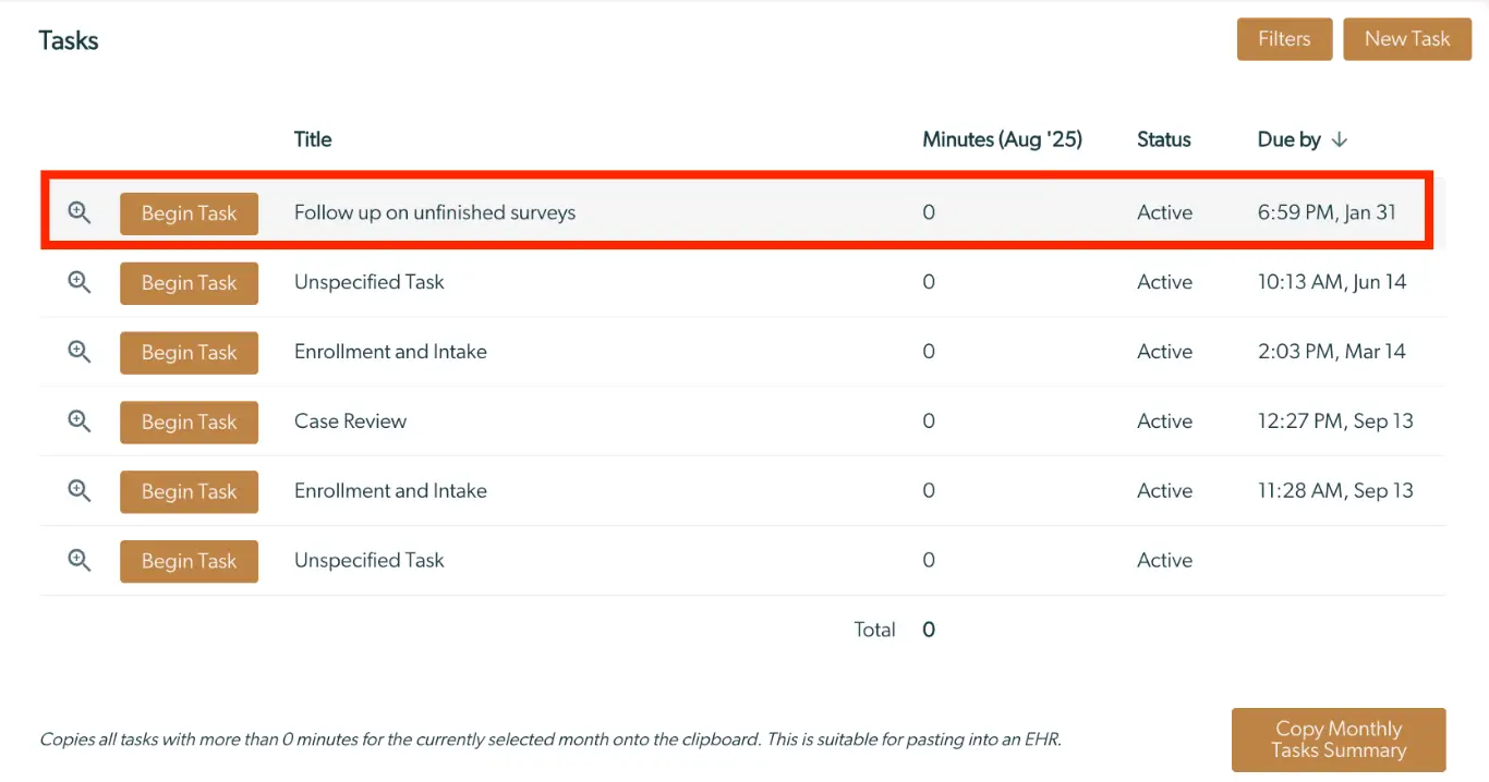 Tasks page in Mirah Collaborative Care showing task list with Begin Task buttons, Filters, and New Task options.