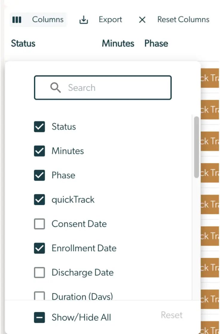 Mirah Collaborative Care Panels interface showing column selection options for systematic caseload review.