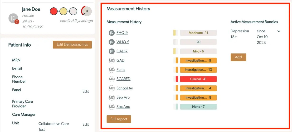Mirah Collaborative Care - Patient Profile for Jane Doe showing measurement history and active measurement bundles.