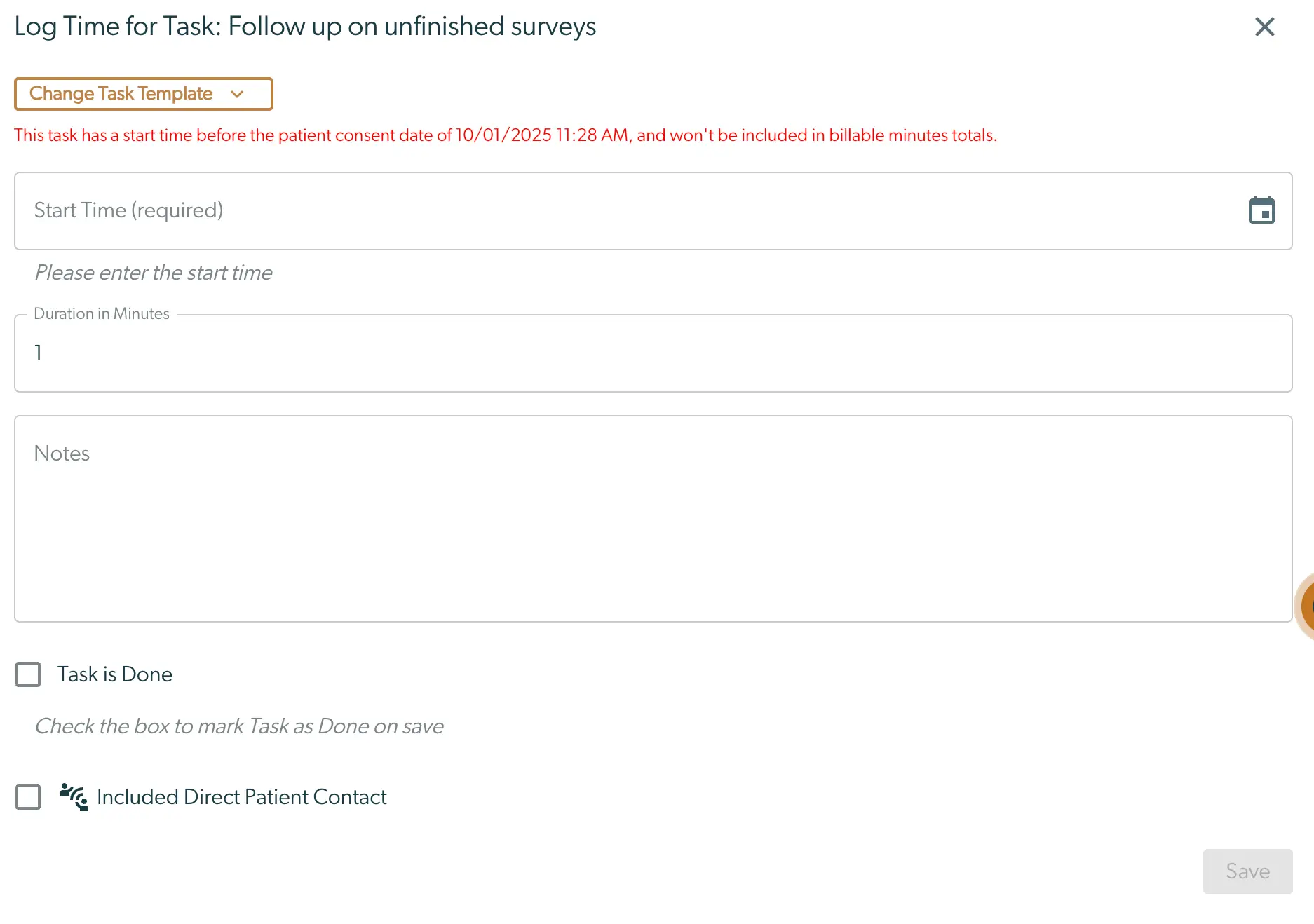 Log Time for Task: Follow up on unfinished surveys screen in Mirah Collaborative Care