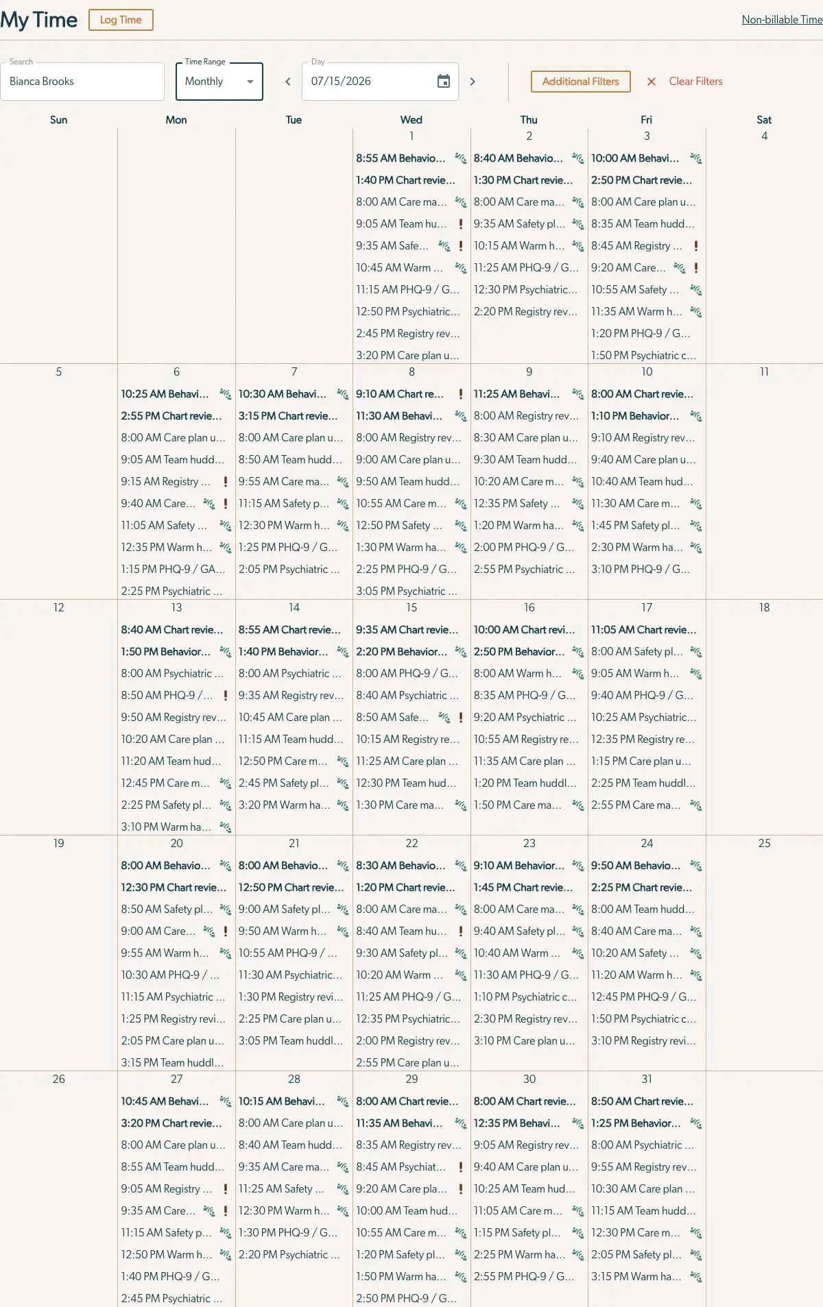 Mirah Collaborative Care My Time page showing a monthly calendar view for managing time with scheduled activities.