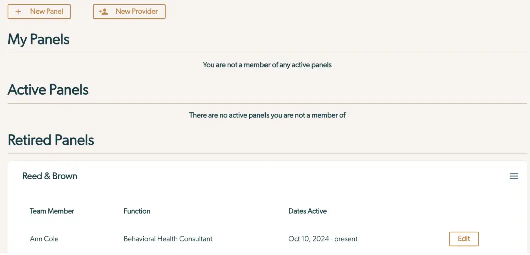 Mirah Collaborative Care Panels Management Screen showing My Panels, Active Panels, and Retired Panels sections