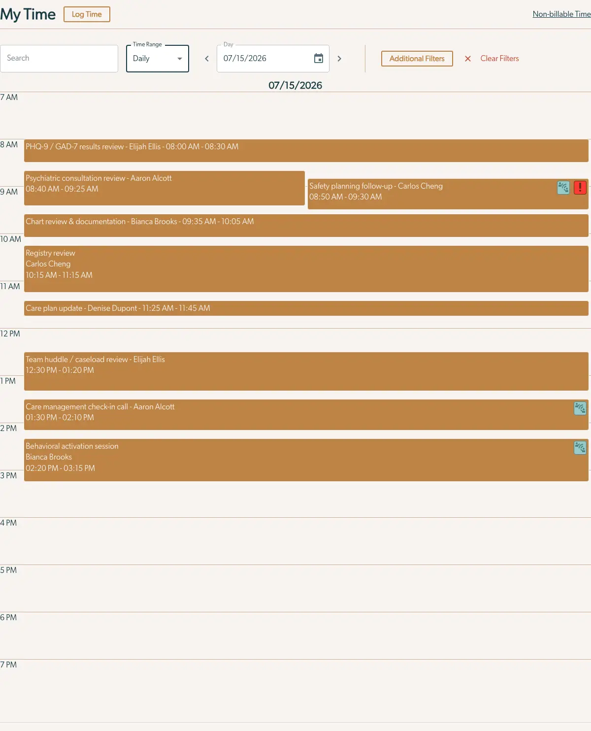 My Time page showing daily schedule for 07/15/2026 in Mirah Collaborative Care.