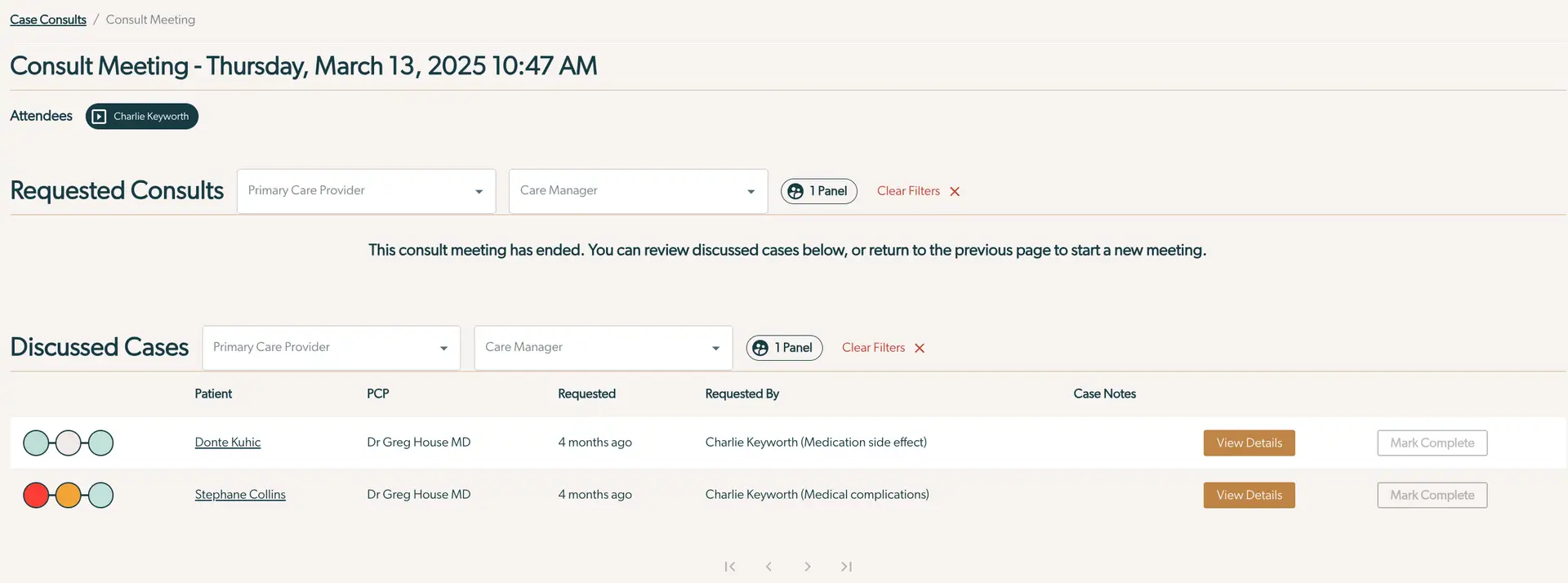 Mirah Collaborative Care Consult Meeting page showing requested consults and discussed cases with filtering options.
