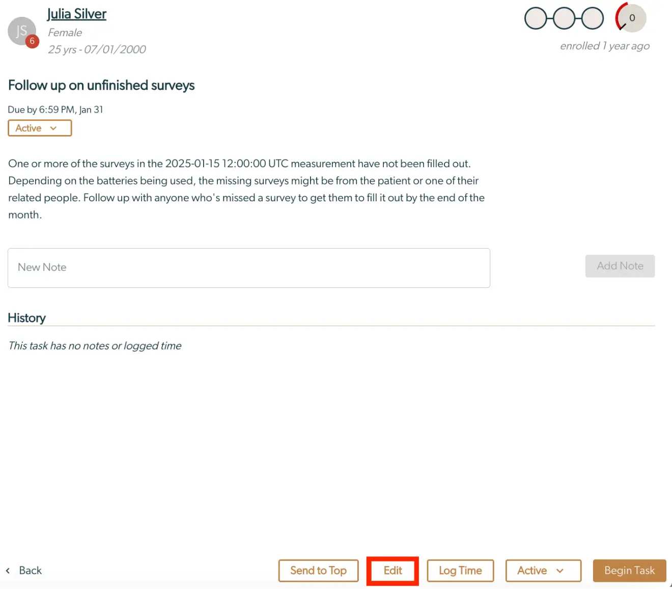 Mirah Collaborative Care task management screen for following up on unfinished surveys for user Julia Silver.