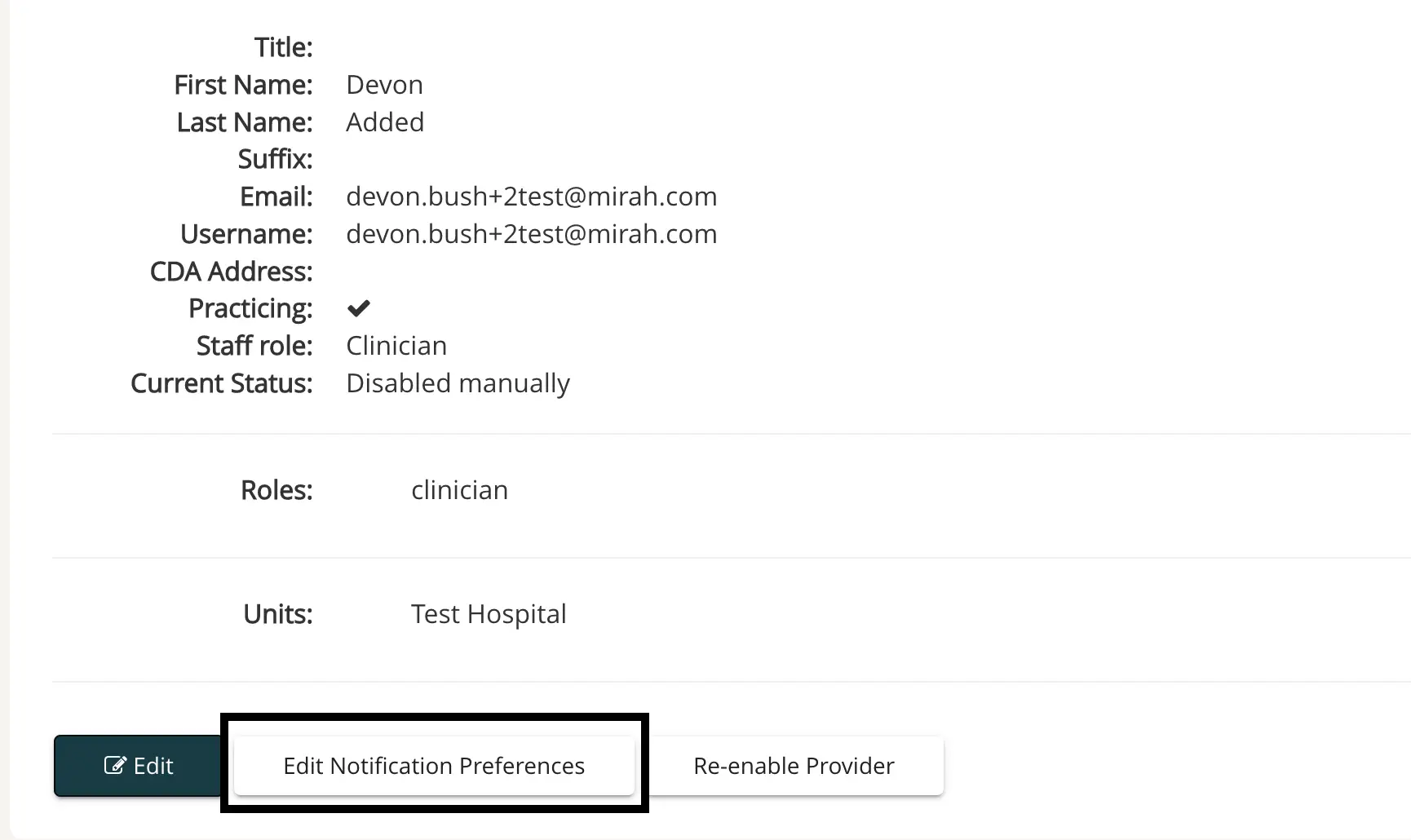 Mirah Collaborative Care - User/Provider Notifications - Managing Users/Providers screen showing provider details and options to edit notification preferences or re-enable provider.