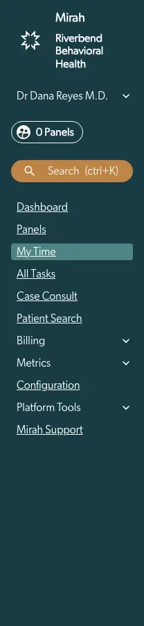 Mirah Collaborative Care navigation menu highlighting My Time page