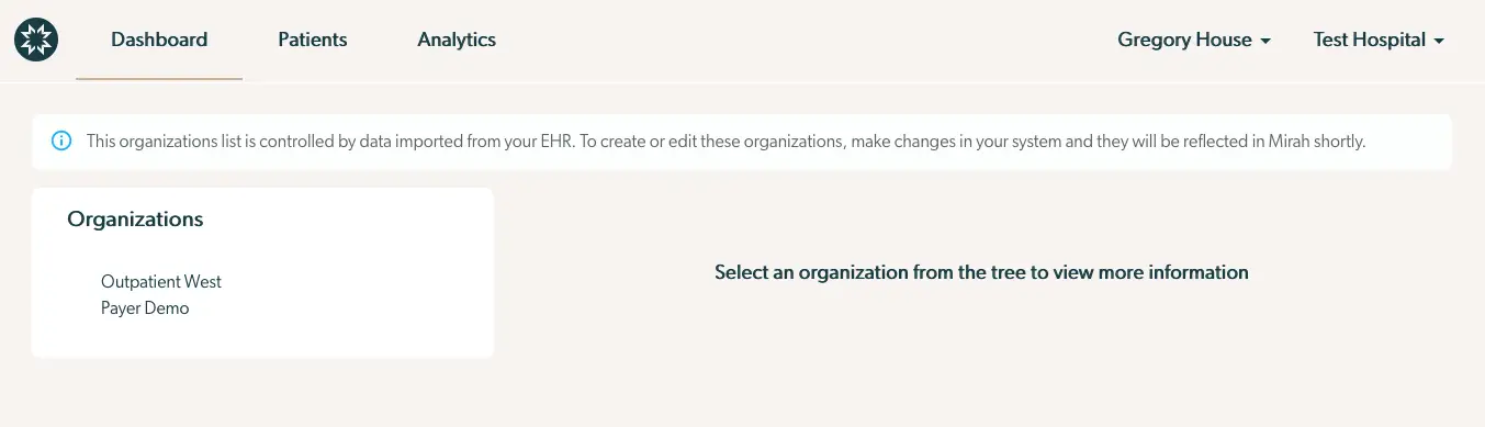 Mirah Collaborative Care Dashboard - Organizations List