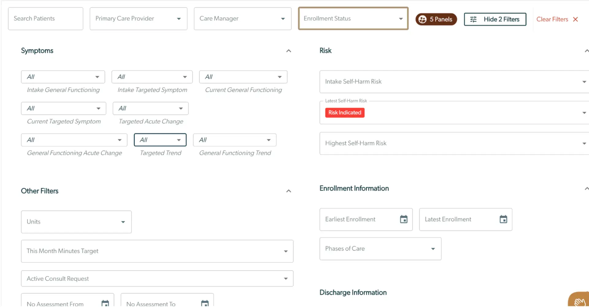 Mirah Collaborative Care Panels interface for systematic caseload review with filters for symptoms, risk, and enrollment information.