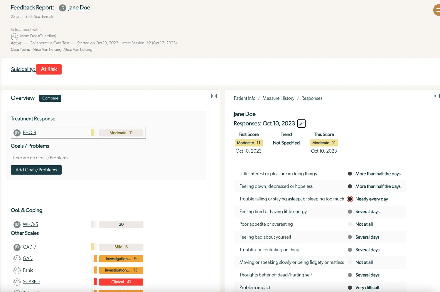 Mirah Collaborative Care Feedback Report for Jane Doe, showing treatment response and mental health assessment scores.