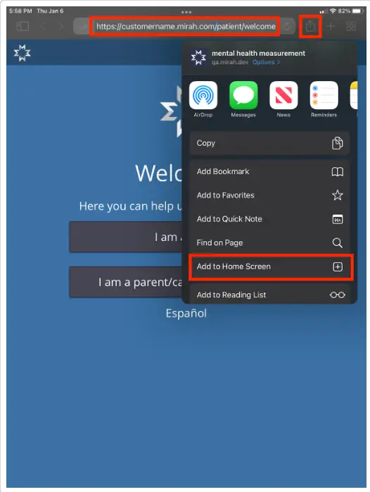 Mirah Collaborative Care welcome page on iPad with share menu open, highlighting 'Add to Home Screen' option.