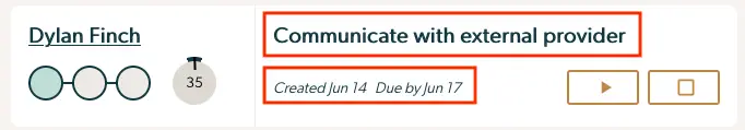Mirah Collaborative Care Dashboard task item for Dylan Finch, titled 'Communicate with external provider', created June 14, due June 17.