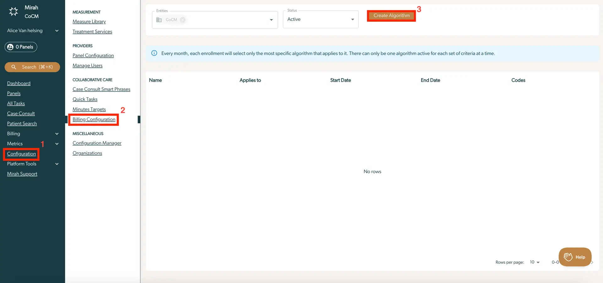 Mirah Collaborative Care Billing Configuration page showing no rows in the table and a Create Algorithm button.