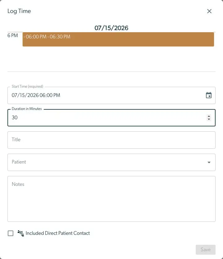 Mirah Collaborative Care My Time Page Log Time screen for July 15, 2026, with fields for start time, duration, title, patient, notes, and a checkbox for direct patient contact.