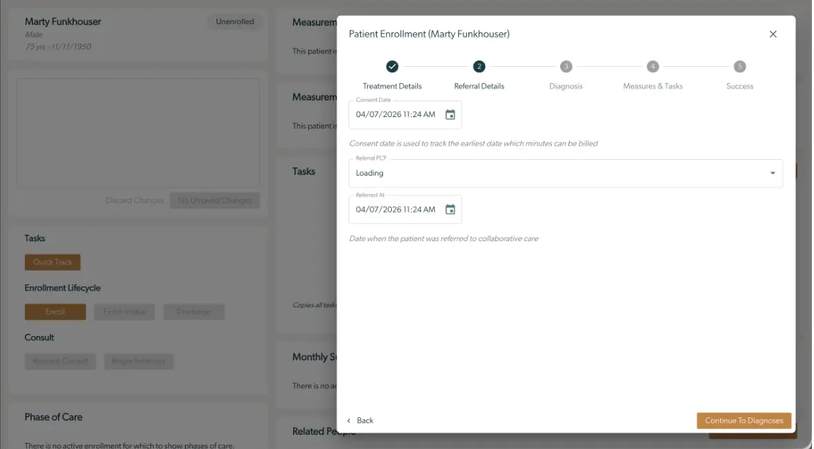 Patient Enrollment screen showing Referral Details for Marty Funkhouser in Mirah Collaborative Care.