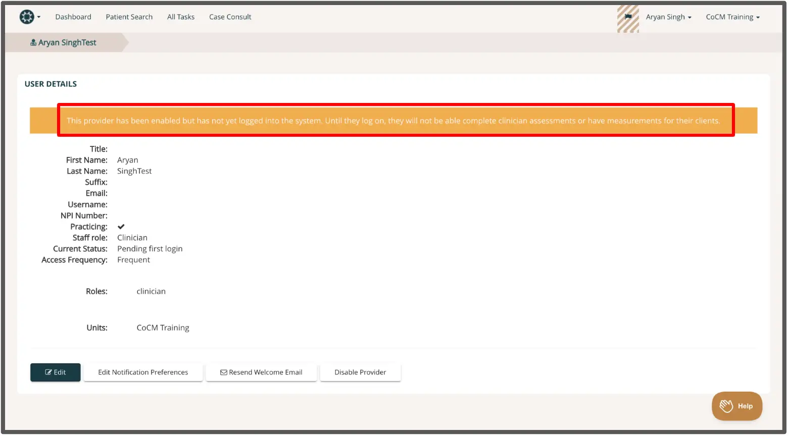 Mirah Collaborative Care User Details page for Aryan SinghTest showing provider status and user information.